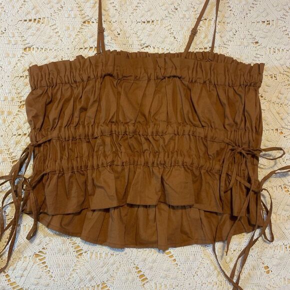 Free People Brown Ruffle Crop Top Tank - Medium - Side Ties Boho Faire (125) - Picture 2 of 12